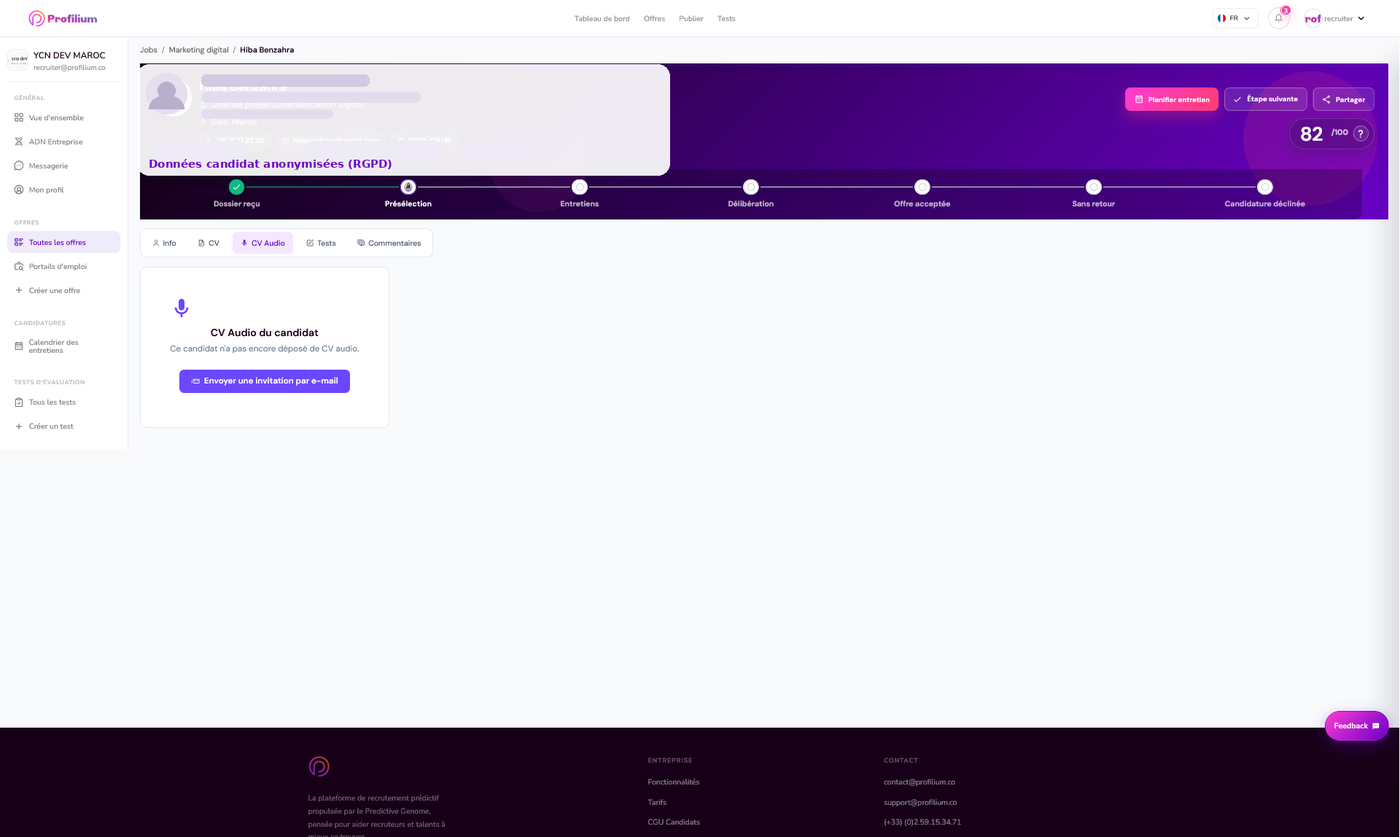Interface réelle Profilium : Candidature, onglet CV Audio