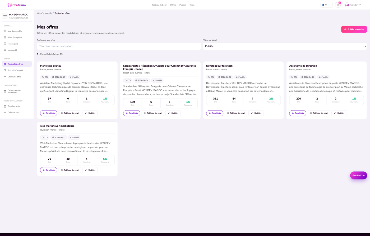 Interface réelle Profilium : Mes Offres