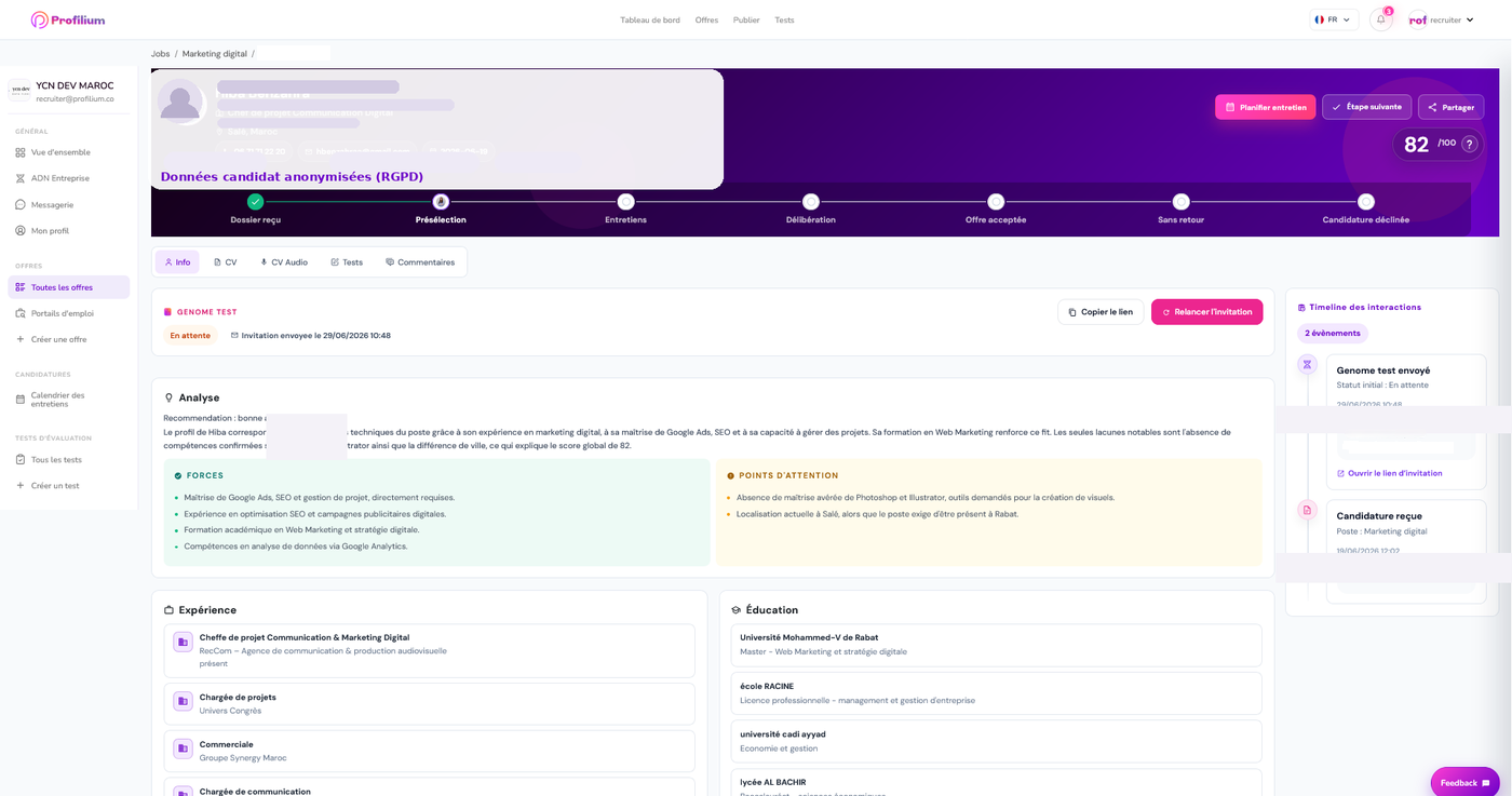 Interface réelle Profilium : fiche candidat, score d'adéquation